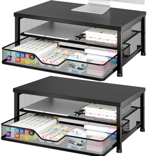 OPNICE Computer Monitor Stand Riser, Desk Organizer with Drawer, Printer & Laptop Stand, Office Desk Accessories & Workspace Desktop Organizers Storage for Office Supplies(Black 2-Pack) by OPNICE