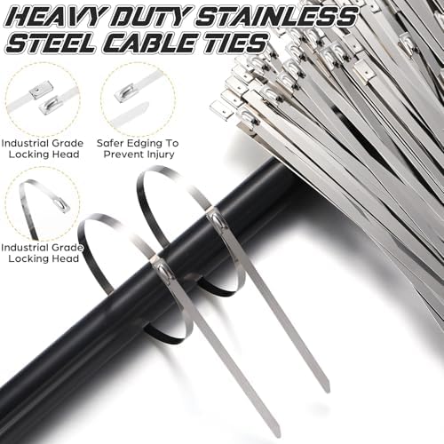 155 Pack Stainless Steel Cable Tie Gun Kit, 150 Pcs 11.8 Inch Metal Zip Ties, Adjustable Fastening and Cutting Tools for Fence, Chain Link Fence, Pipe, Industrial Use - Image 4
