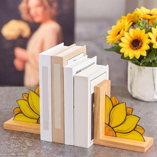 Maitys Sunflower Bookends Oak Base, Yellow for Desk Shelves - Image 5