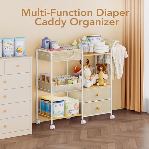 BBLIKE Diaper Caddy Organizer, Baby Storage Cart with Hanging Rack, Beige - Image 2