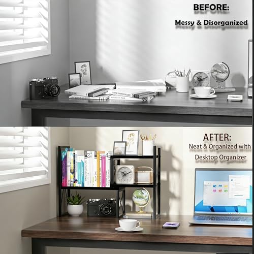 Expandable Desktop Shelf Organizer, 2 Tier Wood Desk Shelf for Office, Metal Corner Bookshelf, Countertop Storage Rack (Black) - Image 4