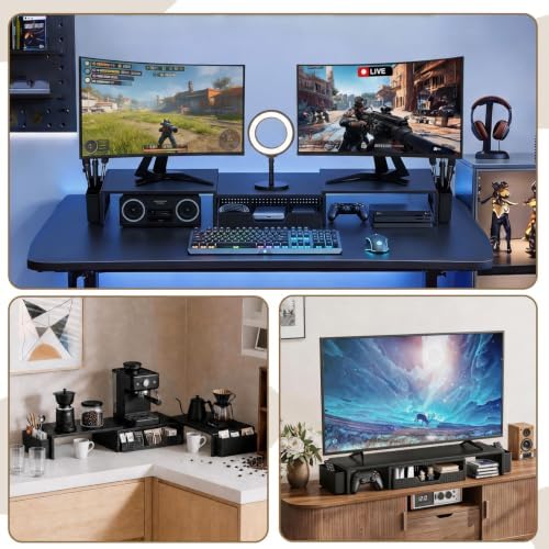 LEKETREE Dual Monitor Stand Riser with Drawer and 2 Pen Holders, Black - Image 4