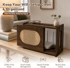 Wooden Wi-Fi Router Box Hider, Rattan Door, Standard Wall Mountable Decorative Modem Shelf, Fits Routers Up to 11" Tall, Power Strip Cable Organizer Rack - Dark Wood Grain - Image 3