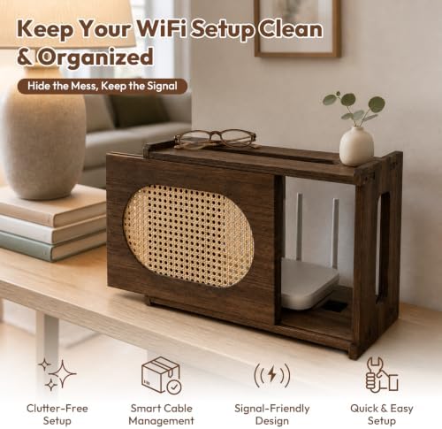 Wooden Wi-Fi Router Box Hider, Rattan Door, Standard Wall Mountable Decorative Modem Shelf, Fits Routers Up to 11" Tall, Power Strip Cable Organizer Rack - Dark Wood Grain - Image 3