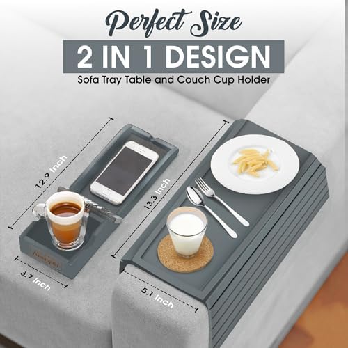 Bamboo Couch Cup Holder, 2 Cork Coasters, Anti-Slip Foldable Couch Arm Tray - Image 3