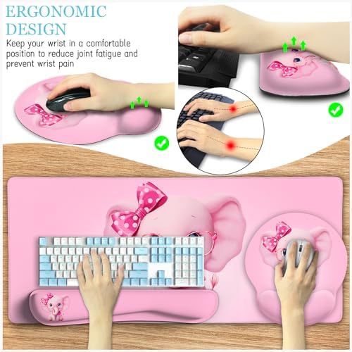 LIMKRIAN Elephant Mouse Pad Large Desk Mat Set, Kawaii Pink Desk Decor - Image 4