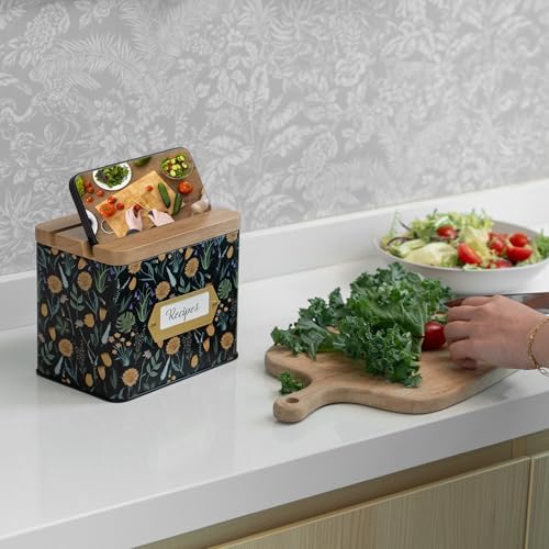 Cabbrix Recipe Box with 50 Cards and 24 Dividers, 4x6 Recipe Card Box Set, Wooden Lid with Phone Holder and Recipe Holder, Beautiful Metal Recipe Organizer, Floral - Image 2