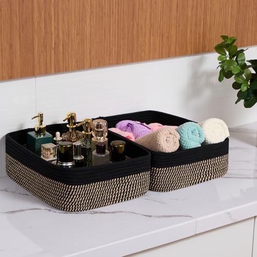MiniArk Large Shallow Organizing Baskets 15x11x5.1 Inches - Rope Woven Storage Bins for Bathroom, Shelves, Cube Closet, Black Woven Brown 4 Packs - Image 6
