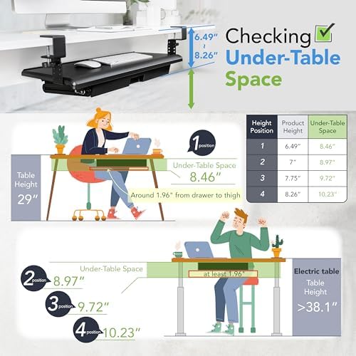 EHO Keyboard Tray with Drawer - Clamp On Under Desk Pull Out Extender Table Attachment Platform with Storage Organizer, Large 27.5" (31.8" Including Clamps) x 12.2", Height Adjustable for Home Office - Image 2
