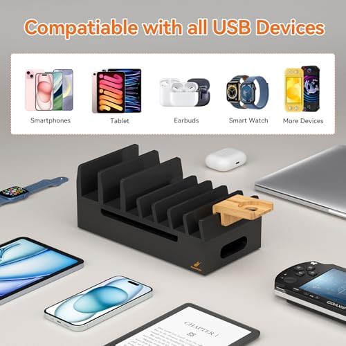 Bamboo Charging Station with 5 Port Charger HUB & 5 Cables-Black - Image 2