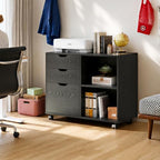DEVAISE 3 Drawer Wood File Cabinet, Rolling Filing Cabinet with Open Storage Shelf, Printer Stand for Home Office Storage and Organization, Fits Letter/A4 Files (Black, Recessed Pull) - Image 7