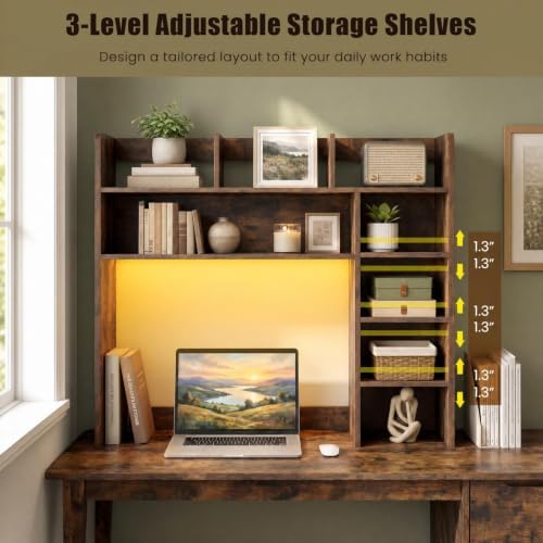 GOFLAME Desk Hutch, 8 Shelves Desktop Bookshelf, 31.5”, Rustic Brown - Image 5