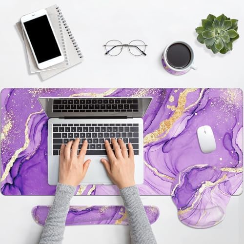 Arttown Keyboard Mouse Pad Set, 4 in 1 Desk Mat Set Marble Abstract Purple - Image 7