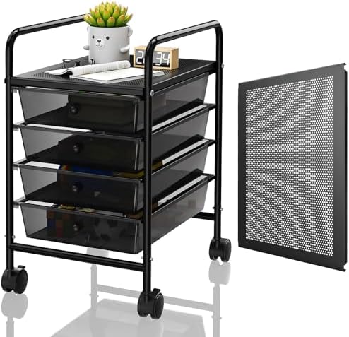 Rolling Storage Cart with Drawers 4-Tier Office Transparent Black by Shrivee