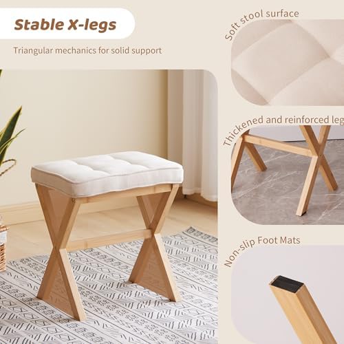 Foot Stool Small Ottoman Foot Rest Padded Foot Stool Desk for Under Office Desk Vanity Stool Bamboo Footstool Sofa Footrest Shoe Stool Small Foot Stools (Natural Legs + Beige) - Image 4