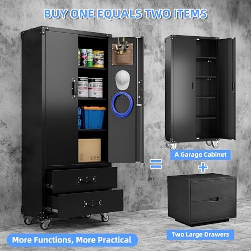 SUXXAN Rolling Storage Cabinet with 2 Doors and 2 Drawers, Heavy Duty Metal Storage Cabinet with Shelves, Locking Steel Cabinet for Warehouse, Home, Office (Black) - Image 4