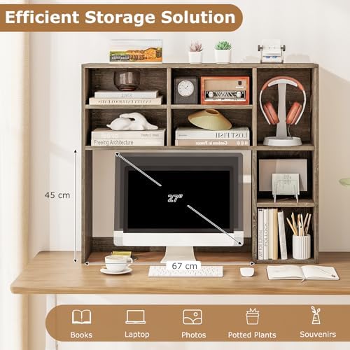 DREAMADE Desk Hutch, 37" Wooden Desktop Bookshelf with 7 Cubes, Grey Oak - Image 3