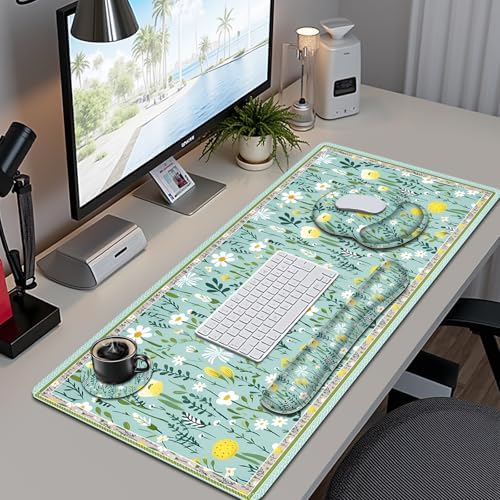 Floral Desk Mat, 4in1 Large Mouse Pad with Wrist Rest, Desk Matt for Desktop, Desk Pad Mat, Anti-Slip XXL Computer Ergonomic Mousepad with Wrist Support for Keyboard and Mouse I Green Elegant Flowers - Image 2