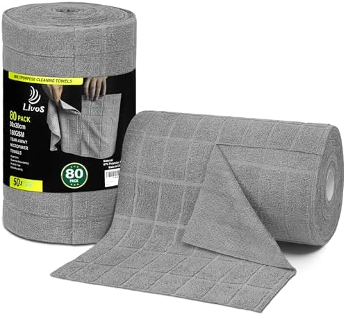 LIVOS Microfiber Cleaning Cloth Roll - 80 Pack, Reusable Paper Towels, Microfiber Towels for Cars, Super Absorbent Lint Free Cleaning Rags for House, Kitchen, Window-Check Grey, 11.5"x11.5" by LIVOS