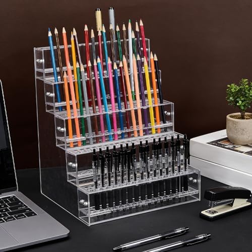 PH PandaHall 240 Holes Acrylic Pen Holder 5 Tier Clear Pen Display Stand Organizer Makeup Paint Brush Organizer Clear Pencil Marker Dispaly Holder Storage for Home Vanity Office Desk Vendor - Image 4
