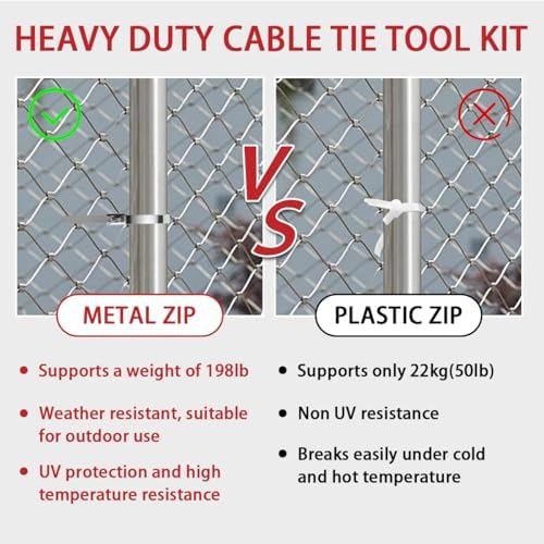 Metal Zip Tie Tool 300PCS (100 Each: 7.8/12/15.7 Inch) Stainless Steel Cable Tie Gun Kit | Self-Locking Fastening & Cutting Tool Metal Zip Tie Gun for Fencing, Exhaust Pipes, Automotive (Red) - Image 3