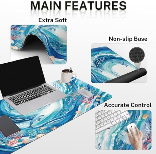 Arttown Keyboard Mouse Pad Set, 4 in 1 Desk Mat Set Ocean Dolphin - Image 3