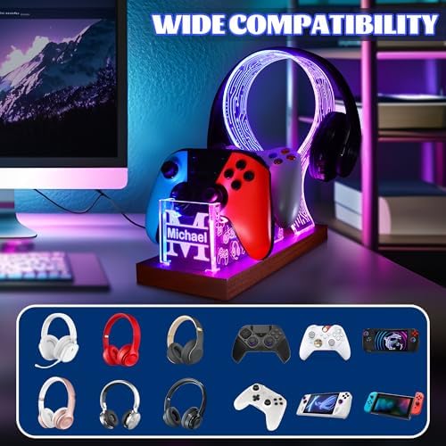 YuanDian Gamer Gifts for Teenage Boy, Desk Gaming Headset and Controller Stand with Blue Pink LED Night Light, Acrylic Wooden Controller Holder with PCB Pattern, Desk Decor Gift (Customized) - Image 3