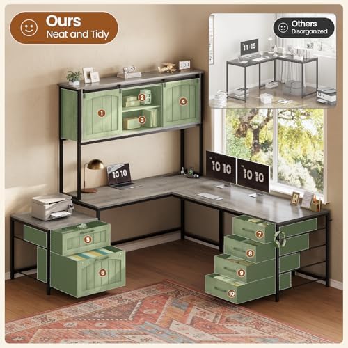 SEDETA Reversible Farmhouse L Shaped Office Desk with 6 Drawer, Hutch - Image 2