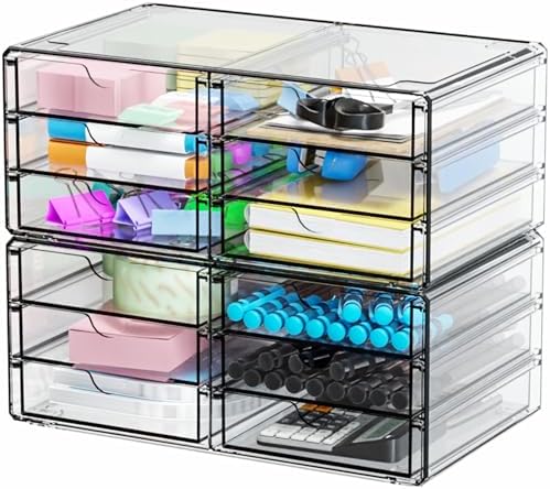 Yieach 2 Pack Acrylic Storage Drawers With 12 Small Drawer,Stackable Office Cabinet Organizer and Makeup Organizer,Clear Plastic Drawers for Craft Supply,Pen,Stationary,Accessory,Makeup,Desk Organizer - Image 6