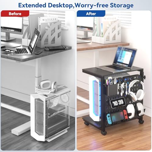 Computer Tower Stand with Pegboard Organizer, Height Adjustable 2-Tier PC Tower Shelf for Floor with Accessories, CPU Holder Cart with Locking Wheels for Most PC Gaming Home Office, 24.2-29.5" - Image 6