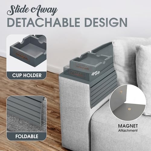 Bamboo Couch Cup Holder, 2 Cork Coasters, Anti-Slip Foldable Couch Arm Tray - Image 2