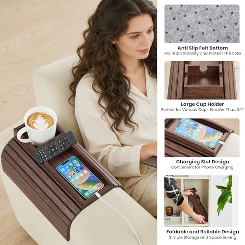 GEHE Couch Cup Holder, Anti Falling Sofa Arm Tray, Natural Bamboo Sofa Cup Holder More Safe for Your Family, Portable Couch Arm Tray Armrest Table for Remote, Snacks, Drinks - Image 4