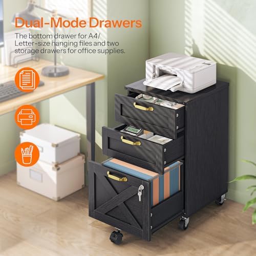 HOOBRO 3 Drawer File Cabinet with Lock, Mobile Farmhouse Filing Cabinet for A4/Letter Size, Under Desk Rolling Office Cabinet, Printer Stand with Storage for Home Office, Black BK67WJ01 - Image 5
