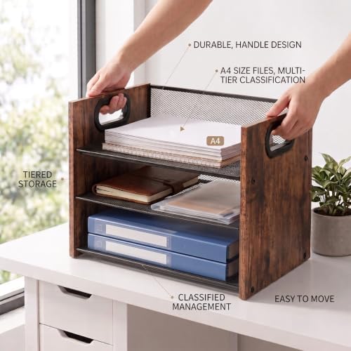 Desk Organizer - 3 Tier Wood & Metal Mesh Desktop Organizer for Office, Home, School, Workspace, Office Desk Organzier for Papers, Mail, Notebooks, Stationery - Image 2
