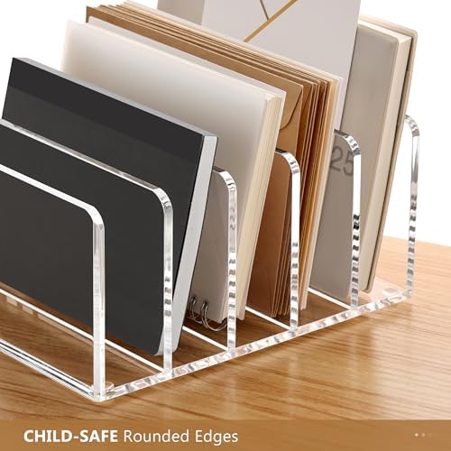 Acrylic Mail Sorter Desk Organizer with Pen Holder, 5 Compartments Clear - Image 6
