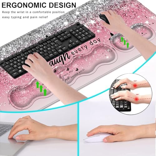 Keyboard Wrist Rest and Mouse Pad with Wrist Support Set Ergonomic Coaster,Memory Foam,Easy Typing Pain Relief,Large XL Desk Mat 31.5"x 11.8",Pink Glitter Quote Live Love Laugh - Image 5