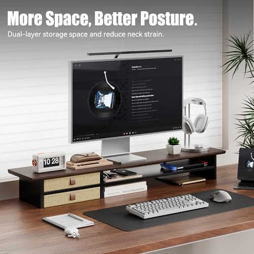 FENSULN Dual‑Tier Monitor Stand Riser with Drawers, Desktop Organizer Shelf Storage for Computer Screen 2 Monitors, Supports for PC Computer Monitor, Printer, Heavy TV Riser Brown and Black - Image 2