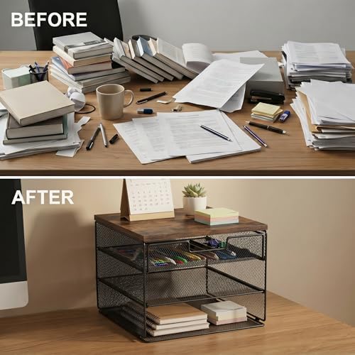 4-Tier Mesh Desk Organizer and Accessories with Drawer Wooden Top Desktop Organizers Letter Tray Paper Organizer File Holder for Home Office School Black - Image 4