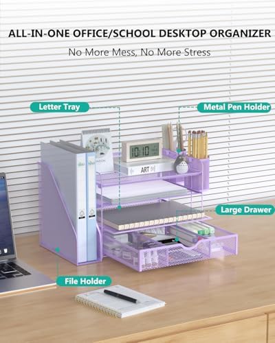WALI Desk File Organizer, 4 Tier Desktop Paper Letter Tray Organizer with Drawer and 2 Pen Holders, Office Desk Accessories & Workspace Organizers for Office, Home Supplies(DO005DH-V), 1 Pack, Purple - Image 2