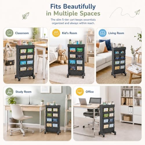 5-Tier Rolling Bookshelf Cart with Wheels, Black - Image 7