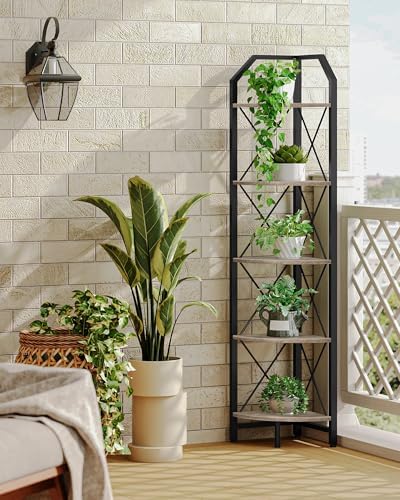 CHOEZON 5-Tier Corner Shelf, Industrial Corner Bookshelf, 59.4" Corner Storage Stand, Plant Stand Display Shelf, Corner Bookcase for Bedroom, Living Room, Home Office, Greige and Black TCJ10BG - Image 6