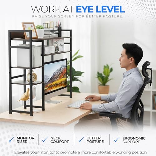Desk Shelf Storage, 38 Inch, 4-Tier Wood Bookshelf Organizer, Computer Desk Hutch – Dark Brown, Desktop Bookshelf Organizer Shelf for Desk for Dorm Workspace and Home Office Use - Image 4