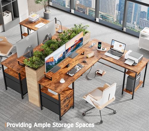 Furologee 66'' L Shaped Desk with Power Outlet and 2 Drawers, Rustic Brown - Image 7