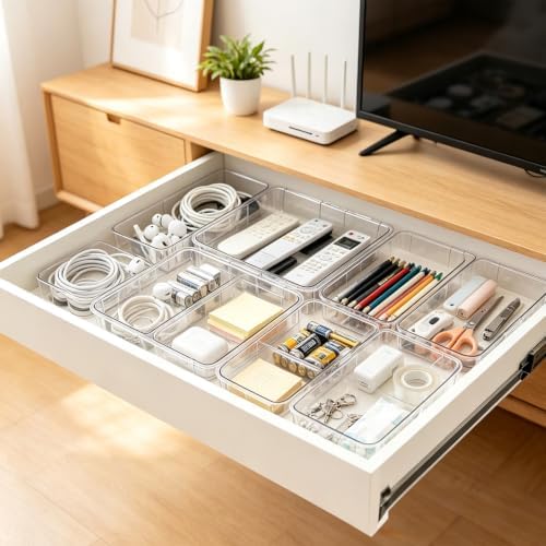 20PCS Clear Drawer Organizer Set, Expandable Acrylic Vanity Storage Bins, 2 Sizes Adjustable Plastic Junk Drawer Dividers, BPA-Free Non-Slip Stackable Organizers for Makeup, Bedroom, Office & Tools - Image 7