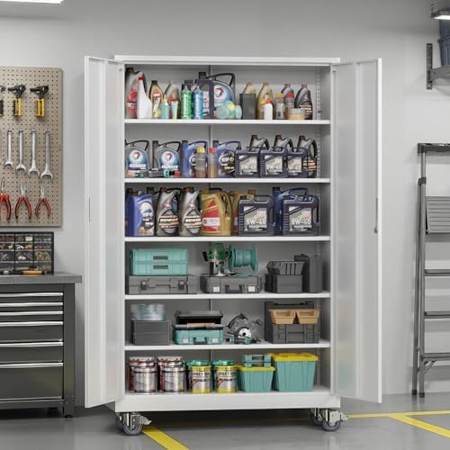 VINGLI Large Metal Storage Cabinet with 2 Doors and 5 Adjustable Shelves, Upgraded Height & Wide & Deep, 40''W x 20''D x 72''H, Oversized Garage Storage Cabinet with Wheels and Locks (White) - Image 2