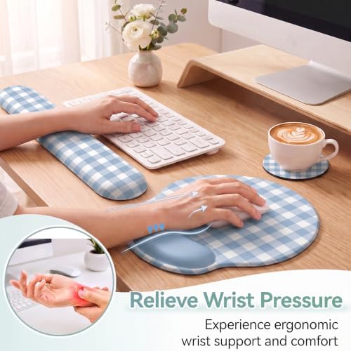 Blue Gingham Scalloped Desk Mat Set,Mouse Pad with Gel Wrist Rest,Ergonomic Keyboard Wrist Support for Women Non-Slip Desk Pad Home Office Decor - Image 3