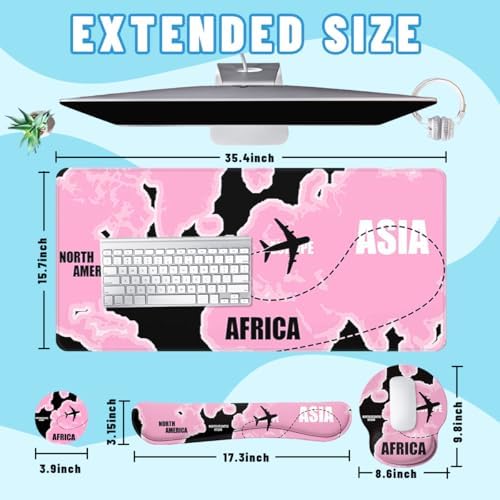 Pink World Map Desk Mat Set Travel Route Large Mouse Pad with Wrist Rest 4in1 Desk Mat for Desktop Ergonomic Keyboard Wrist Support Anti-Slip Computer Ergonomic Mouse Pad Home Office Gaming - Image 2