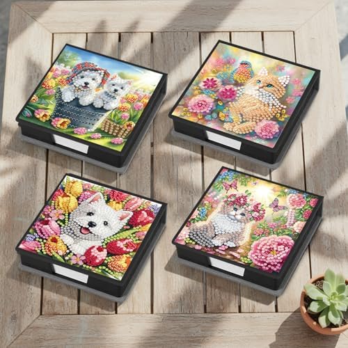 Diamond Art Painting Note Box, 4pcs Cats and Dogs PU Gem Art Storage Container with 640 Sheets, Relaxing DIY Craft Kit for Home Office Organization Birthday Anniversary - Image 7
