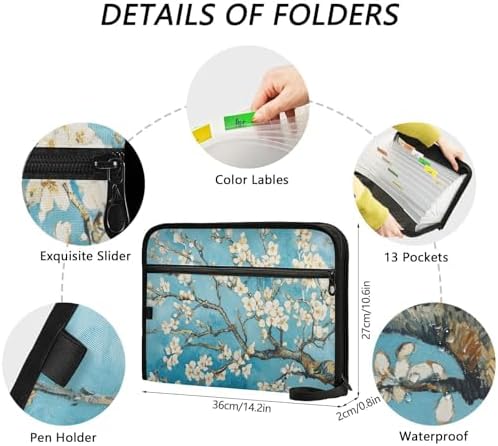 13 Pockets Expanding File Folder with Zipper Closure, Van Gogh Art Japanese Flower Accordion File Folder with Sticky Labels, Letter Size A4 Papers Expandable File Document Organizer - Image 3