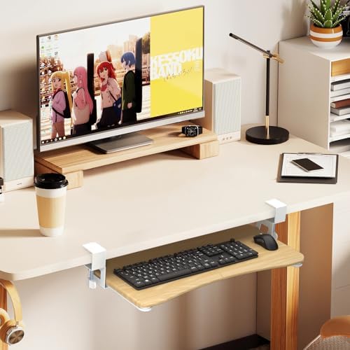 suptek Keyboard Tray Under Desk Pull Out with C Clamp Mount, Computer Keyboard & Mouse Tray, 25.6 (30 Including Clamps) x 11.8 inch Slide-Out Platform Computer Drawer for Typing, Light Wood, DSF1QM - Image 4